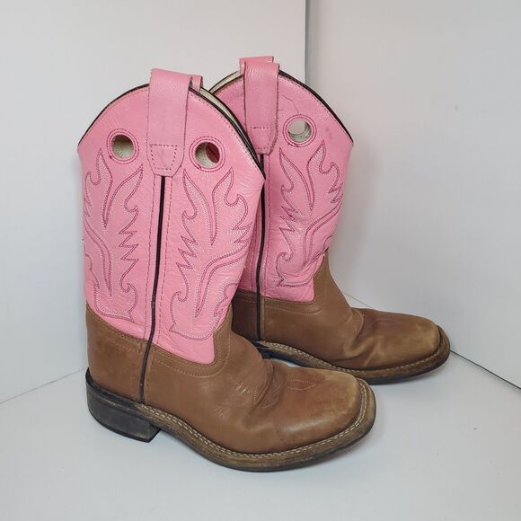 OLD WEST Brown Pink Leather Square Toe Cowboy Boots Youth Girls Size 1D EUC - Picture 1 of 7